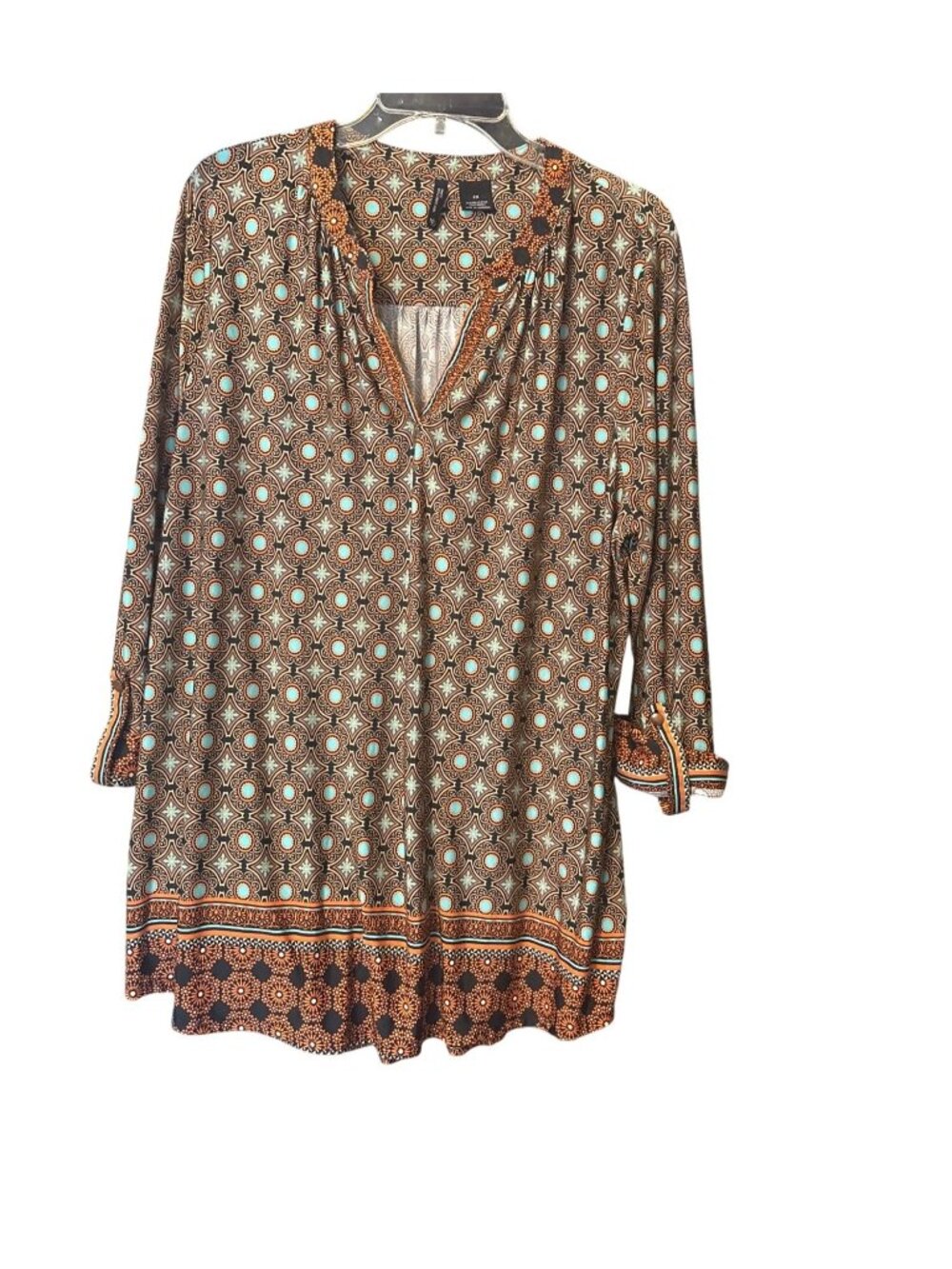 New Directions Tunic Women's 2X Teal Orange Black Pullover Geometric Print Boho
